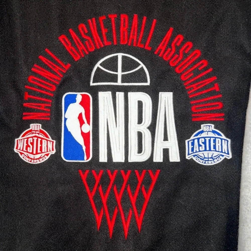 NBA Final Boss Varsity Letterman Jacket Mens M Black Grey Snap Front Bomber NWT